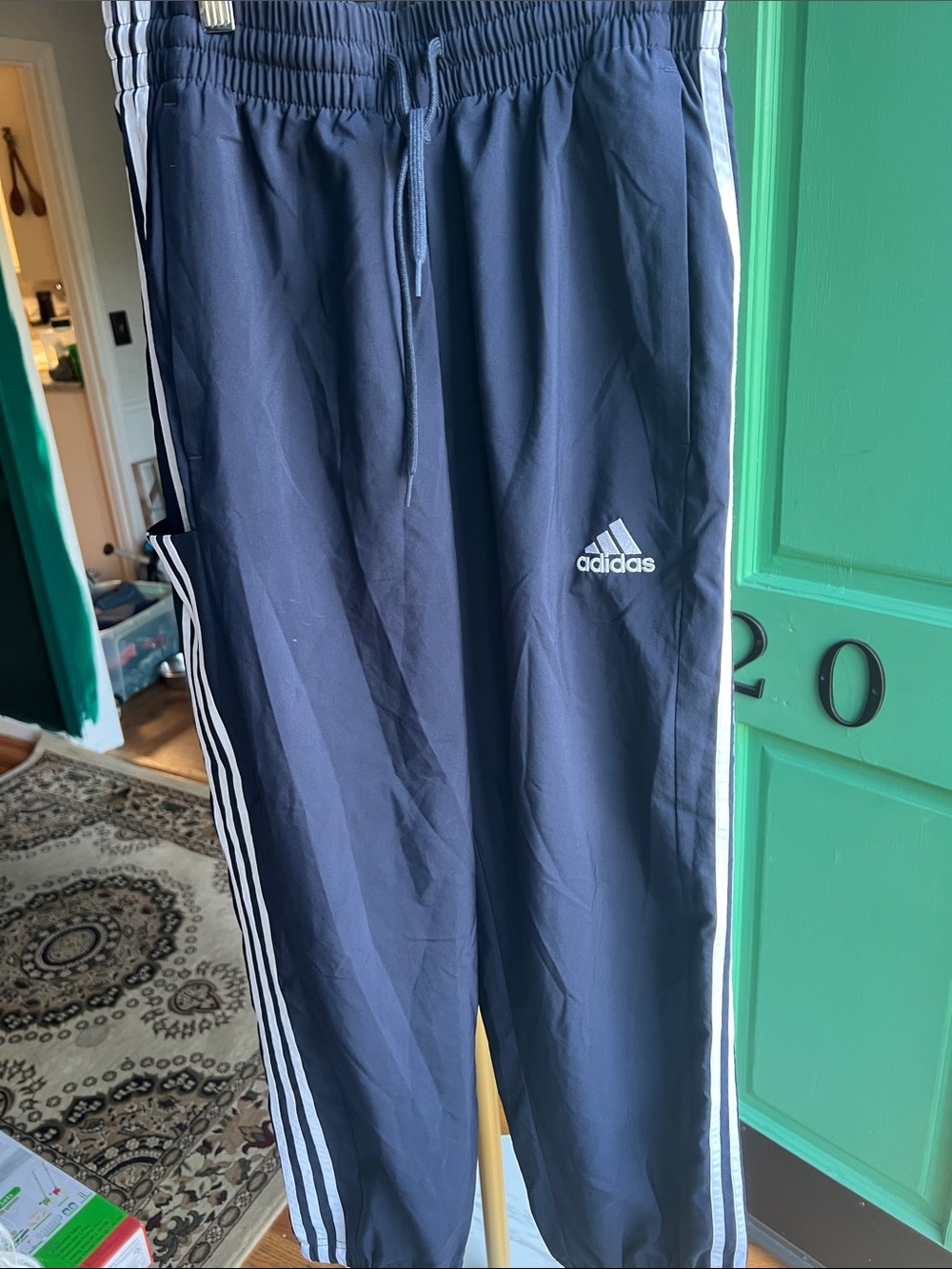 Classic adidas Navy Joggers with White Side Stripes NEW size Small